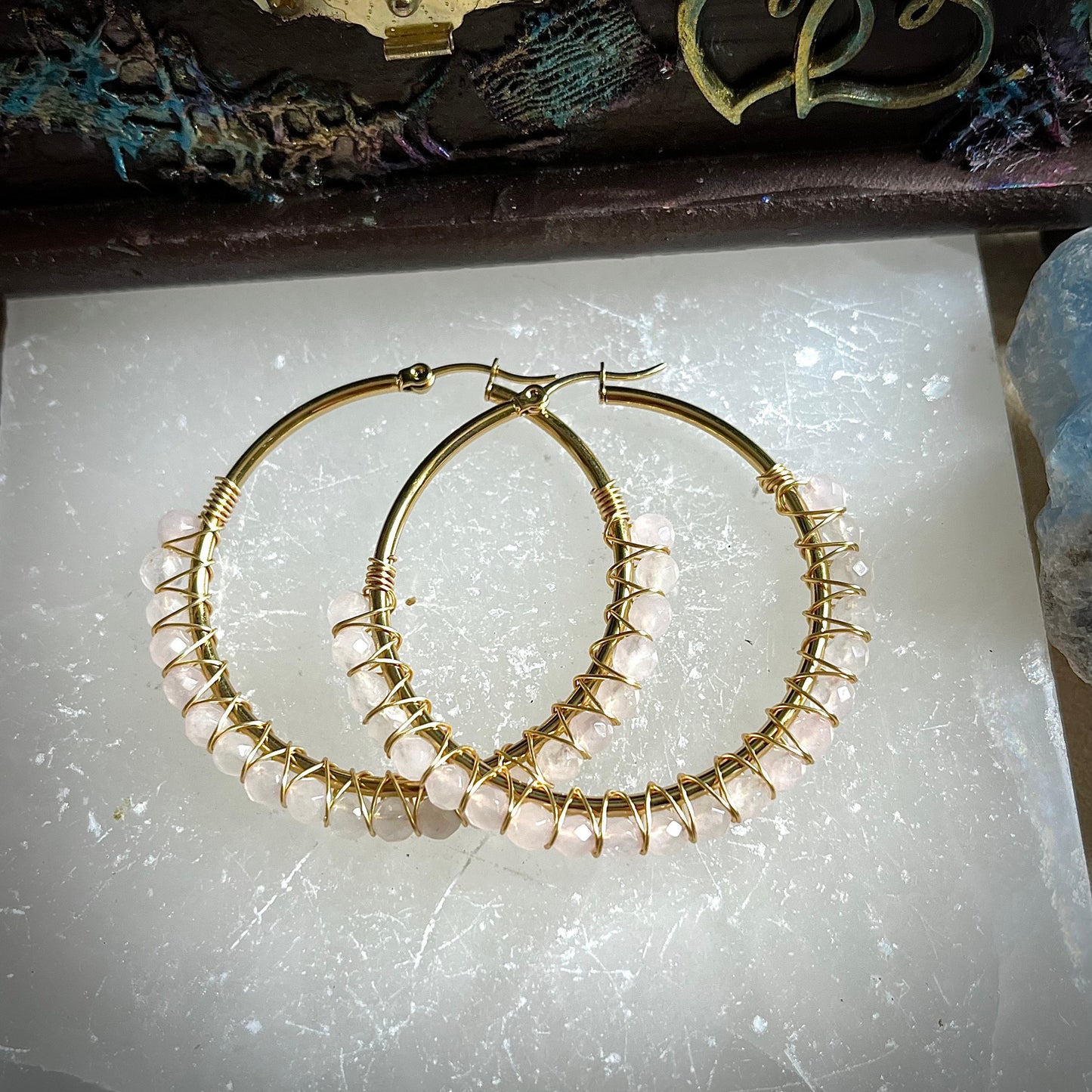 Rose Quartz Hoop Earrings crystal healing natural stone - Self Love, Attract Love, Inner Peace, Purity, Gift, Crystal gift for her witchy