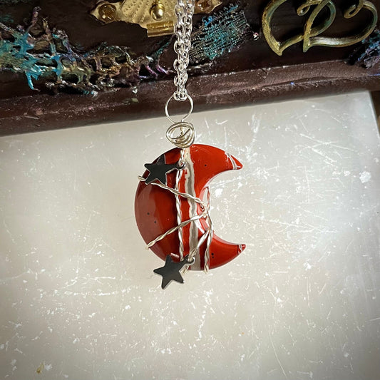 Red Jasper quarter moon pendant Necklace star charm witchy jewelry celestial jewelry Crystal healimg natural stone