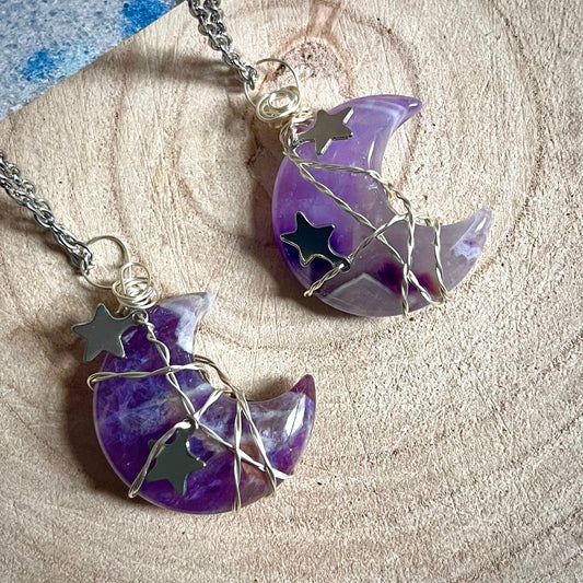 Amethyst moon pendant with star charm necklace celestial witchy jewellery gift for her jewelry for women wire wrapped