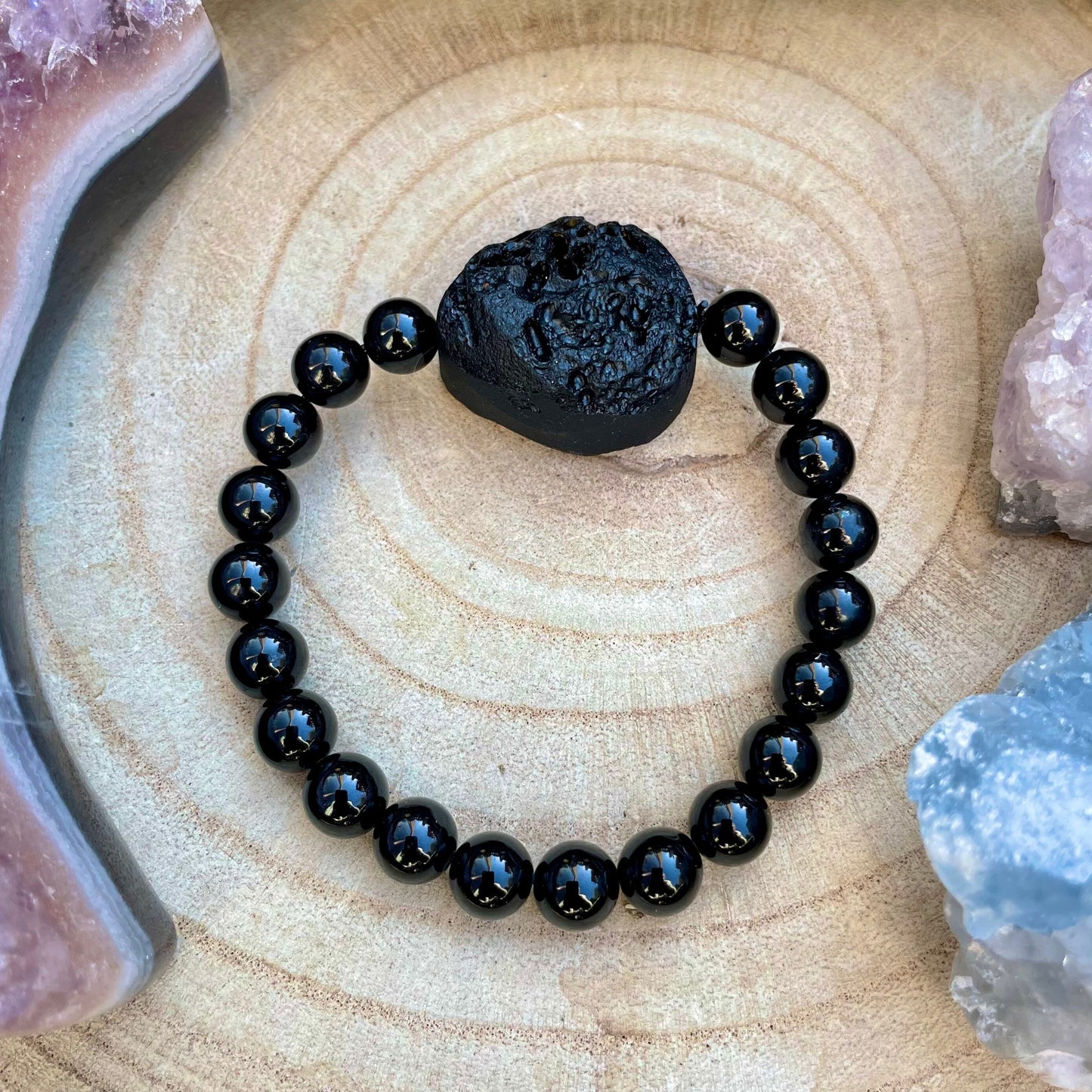 black tourmaline bracelet with raw tektite crystal healing natural stone - Protection, Grounding, Stability, Psychic Attack