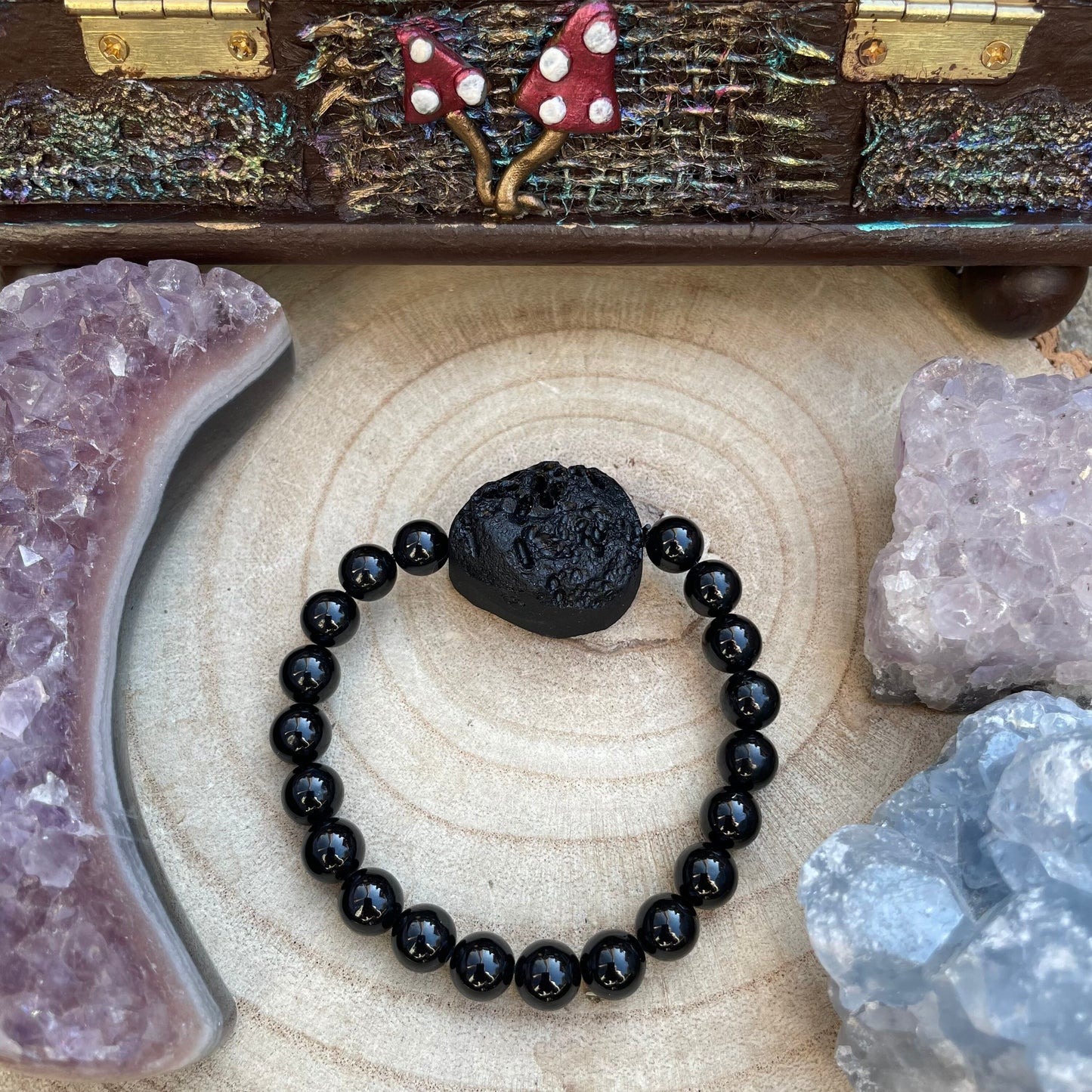 black tourmaline bracelet with raw tektite crystal healing natural stone - Protection, Grounding, Stability, Psychic Attack