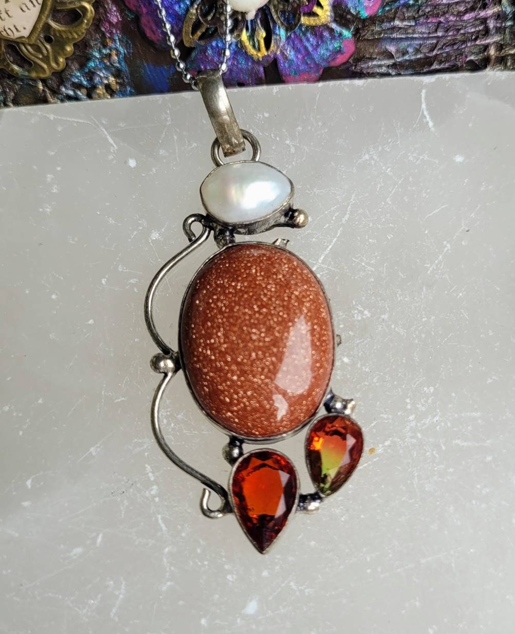 Pearl necklace with red garnet bi color tourmaline and goldstone pendant necklace 925 silver natural stone crystal healing