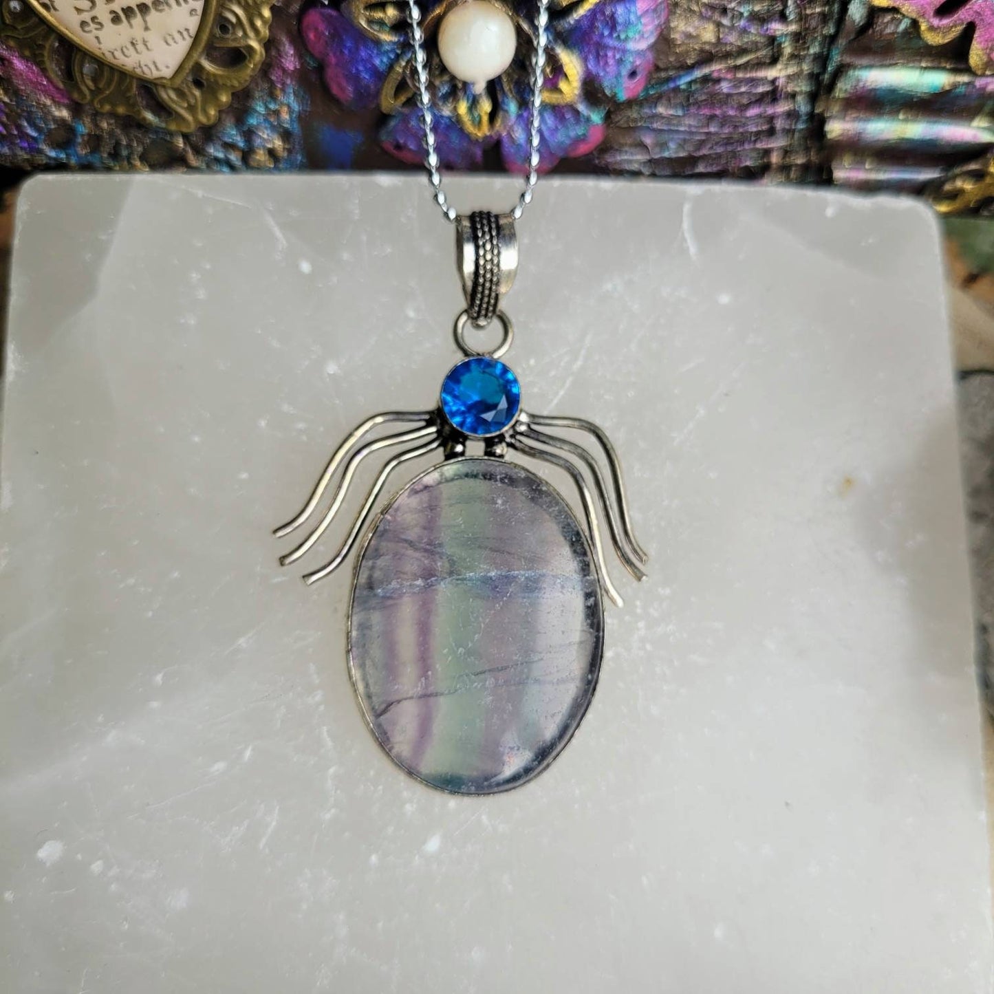 Fluorite necklace and blue topaz pendant necklace in 925 silver crystal healing natural stone witchy statement jewellery