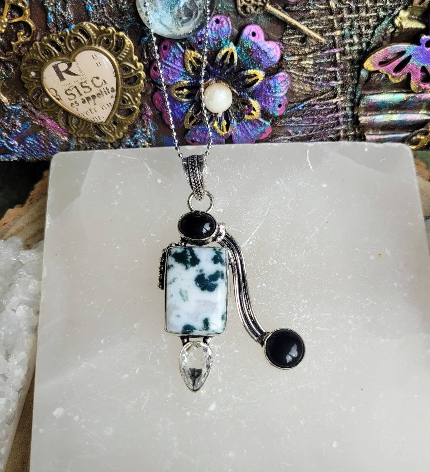 Tree agate necklace with black obsidian and topaz pendant 925 silver healing crystal natural Stone jewellery