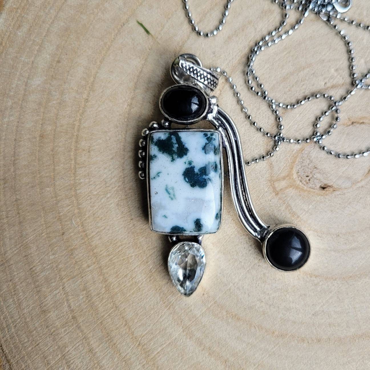 Tree agate necklace with black obsidian and topaz pendant 925 silver healing crystal natural Stone jewellery