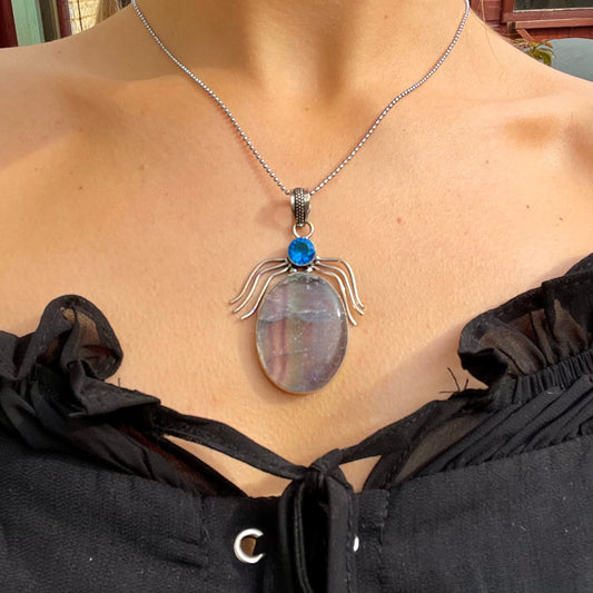 Fluorite necklace and blue topaz pendant necklace in 925 silver crystal healing natural stone witchy statement jewellery