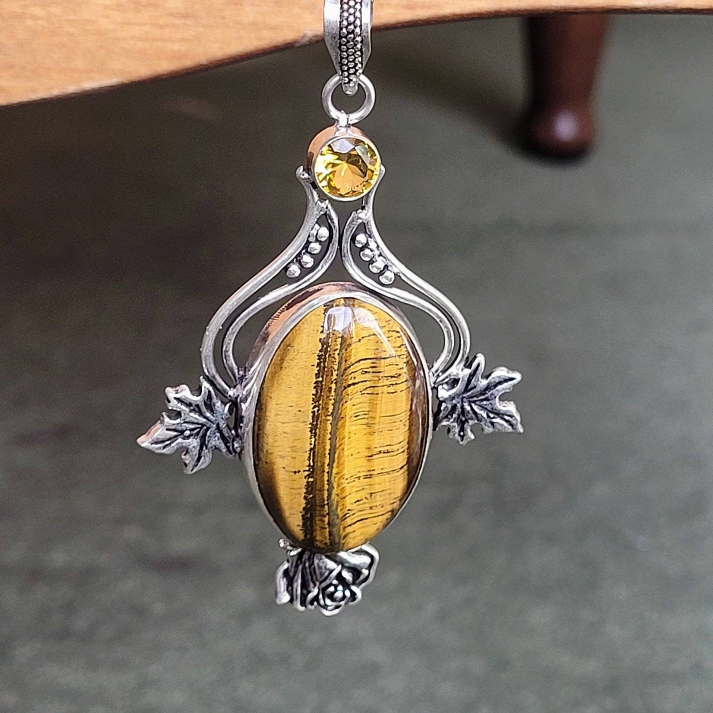 tigers eye necklace with citrine 925 silver pendant crystal healing natural stone