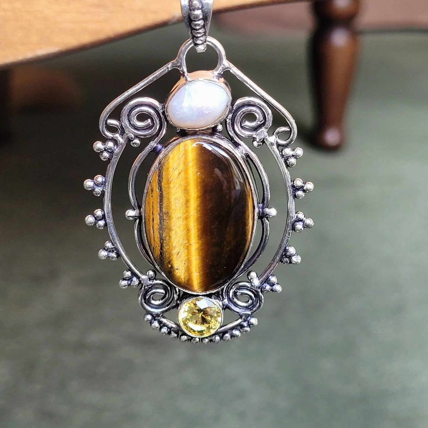 Tigers eye pearl and citrine necklace  925 silver crystal healing  jewelry witchy jewelry for him or her