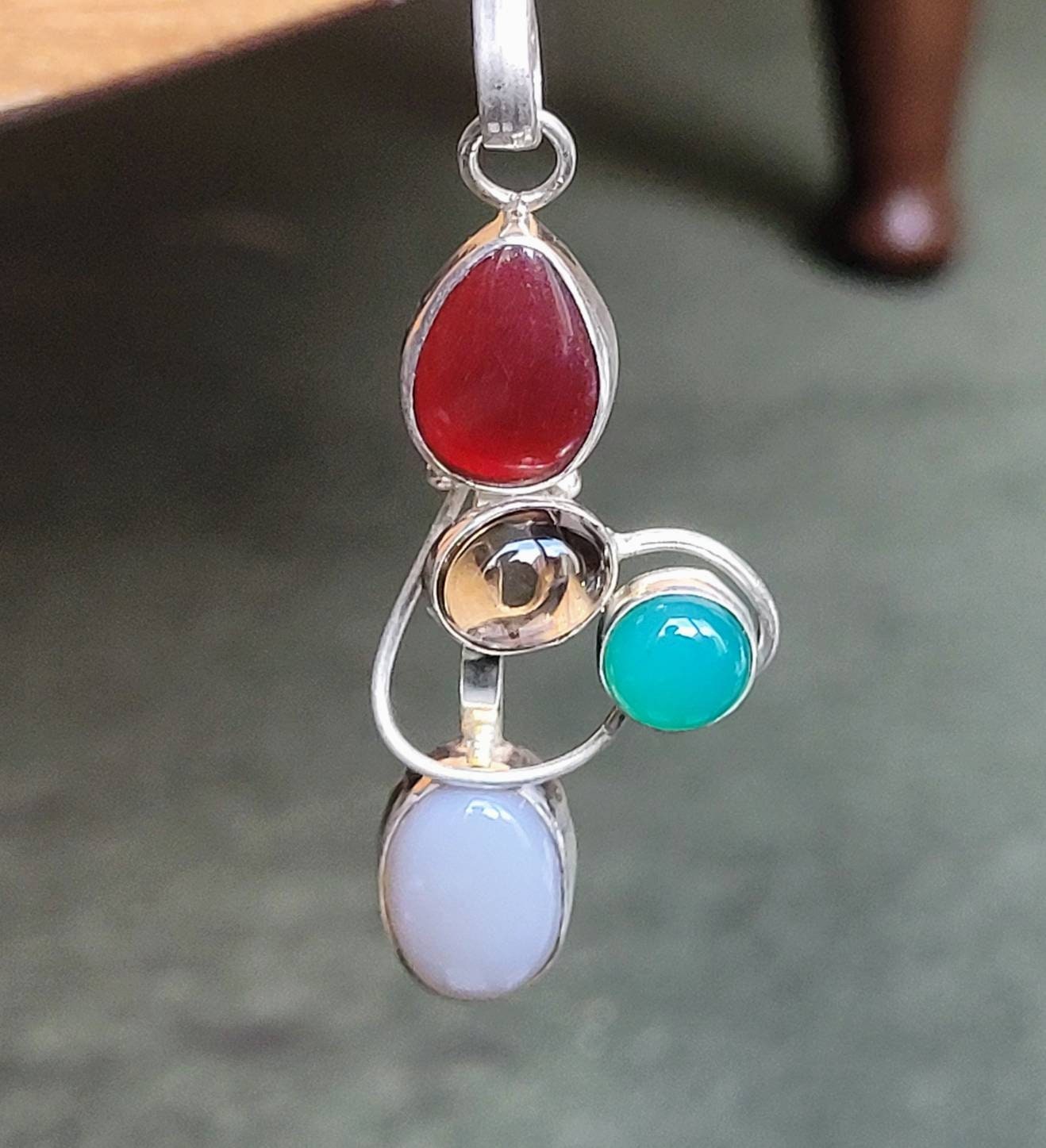 Carnelian, green onyx,  Botswana agate and smoky quartz in 925 silver pendant natural stone crystal  jewellery gift for her gemstone jewelry