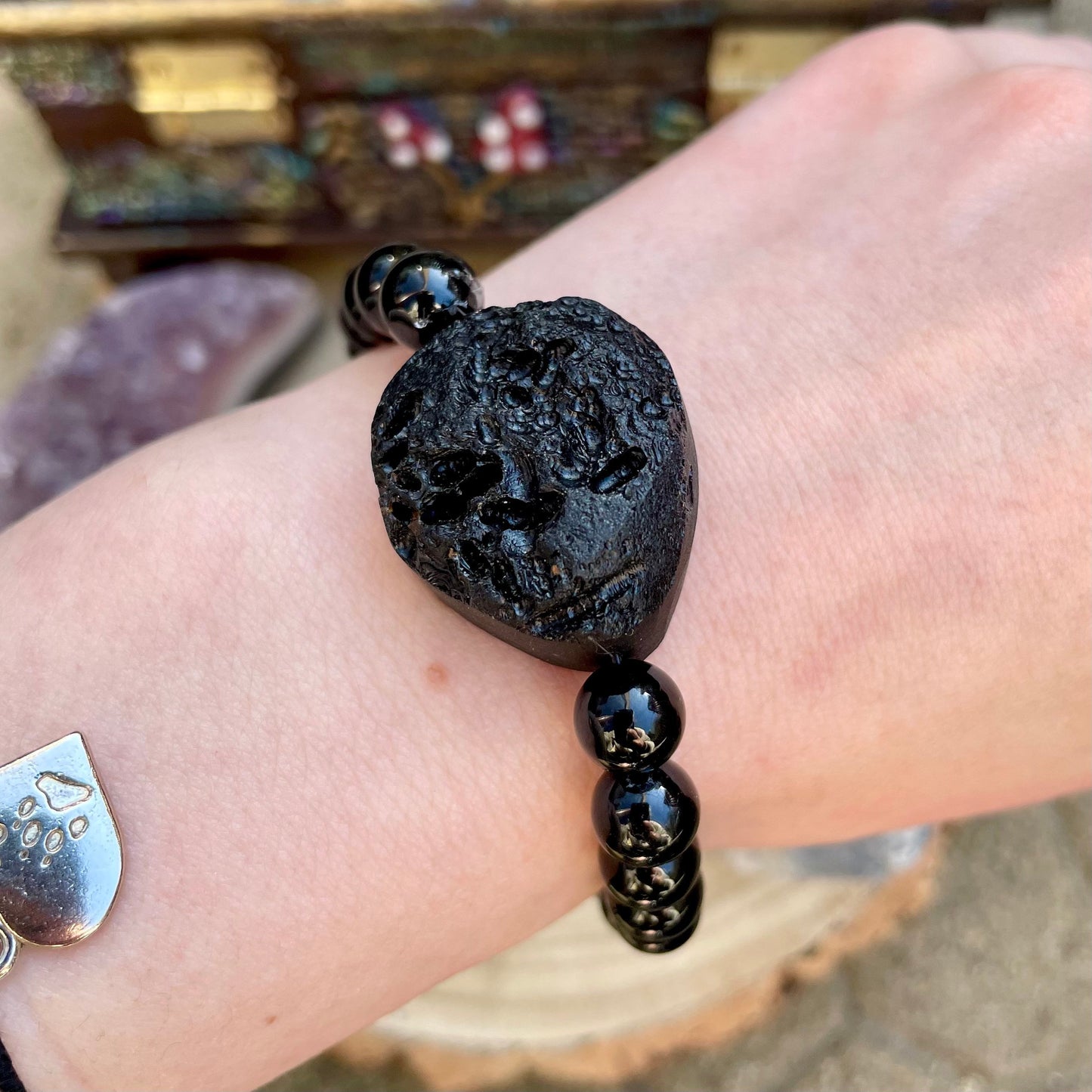 black tourmaline bracelet with raw tektite crystal healing natural stone - Protection, Grounding, Stability, Psychic Attack