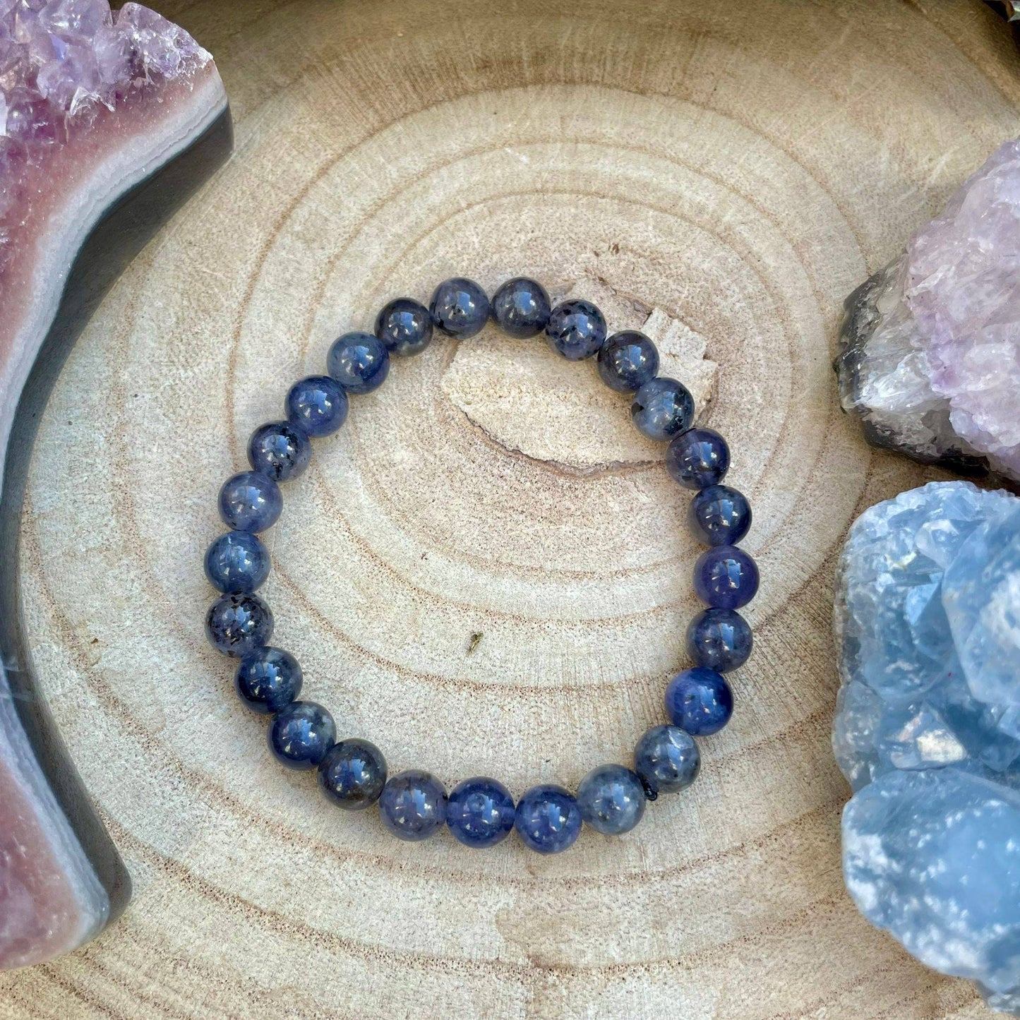 iolite bracelet crystal healing natural stone stacking stretchy jewellery gift for him or her