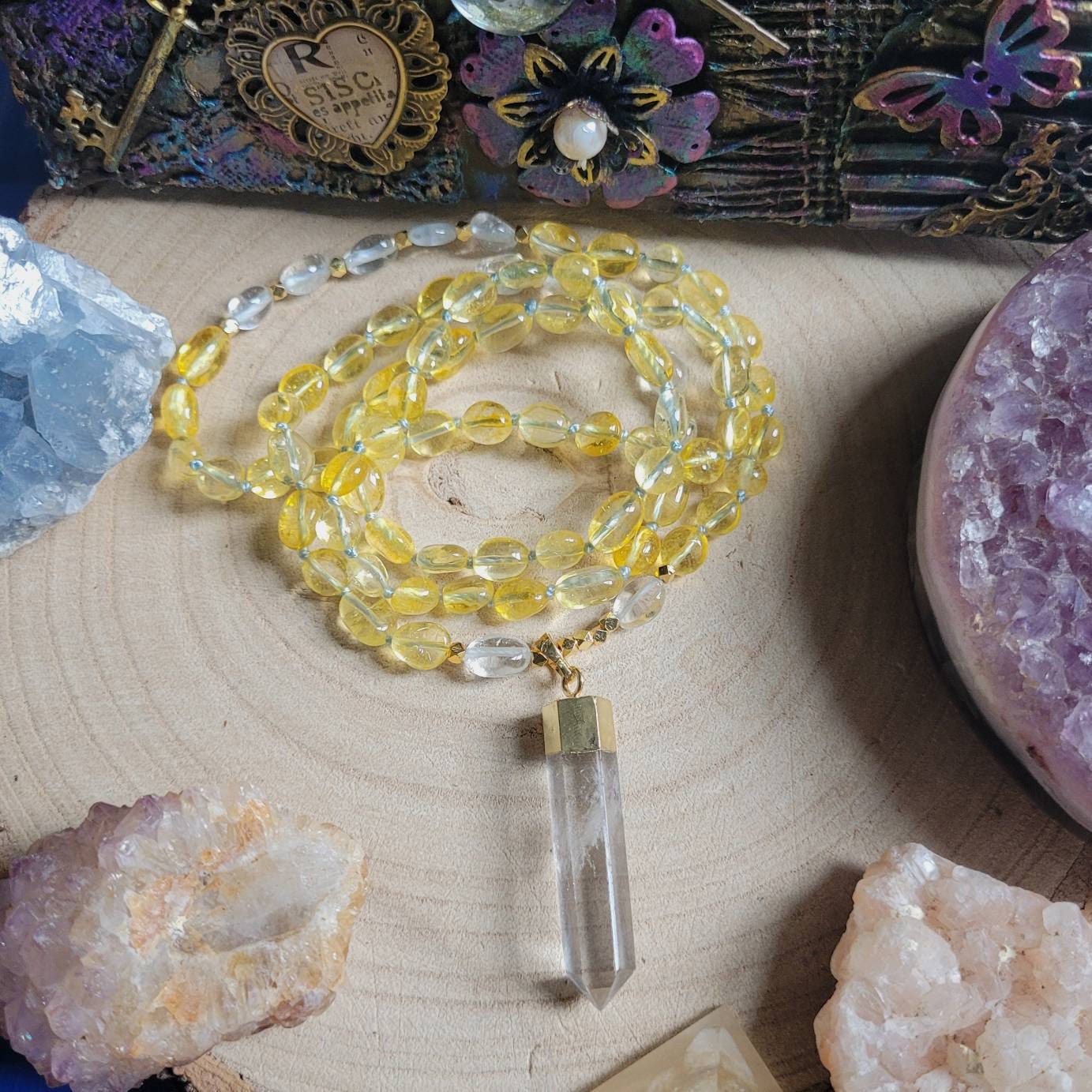 Citrine and clear quartz knotted necklace with point pendant crystal healing mala gift for her gemstone jewellery