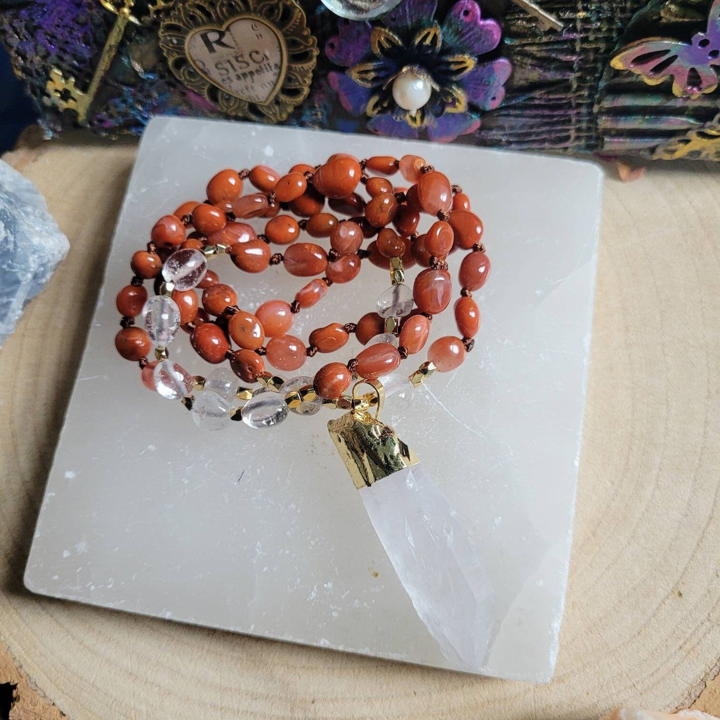 Carnelian necklace with clear quartz point pendant knotted bead jewellery gift for him or her witchy jewelry crystal healing