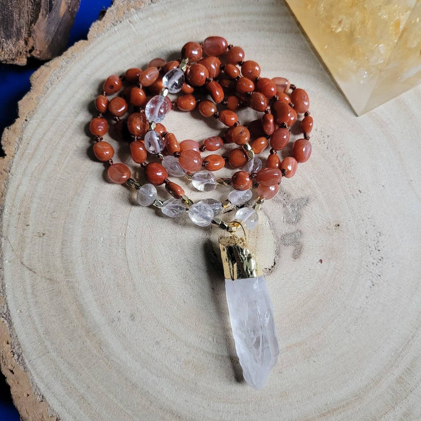 Carnelian necklace with clear quartz point pendant knotted bead jewellery gift for him or her witchy jewelry crystal healing