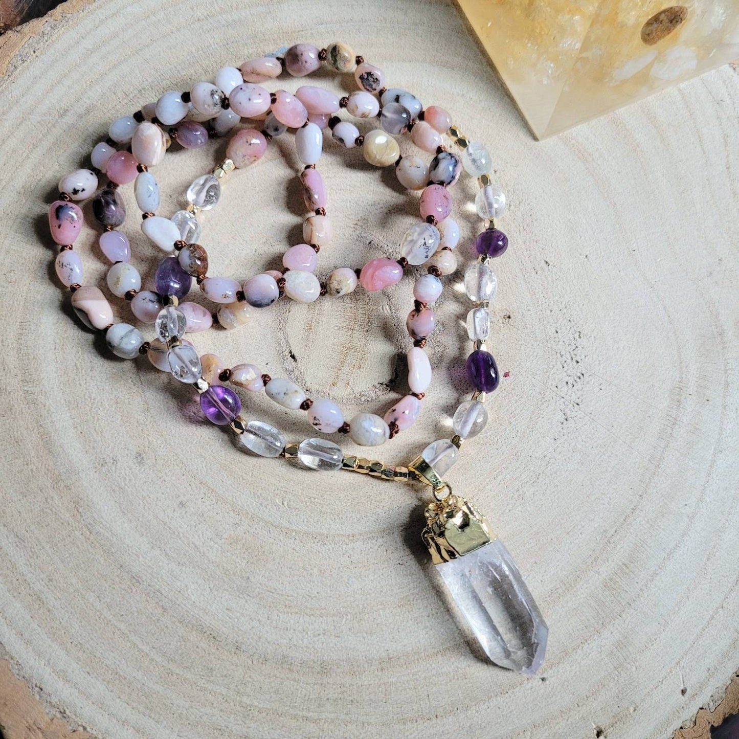 pink opal necklace with amethyst and clear quartz point pendant crystal healing necklace for women gift for her heart chakra jewelry