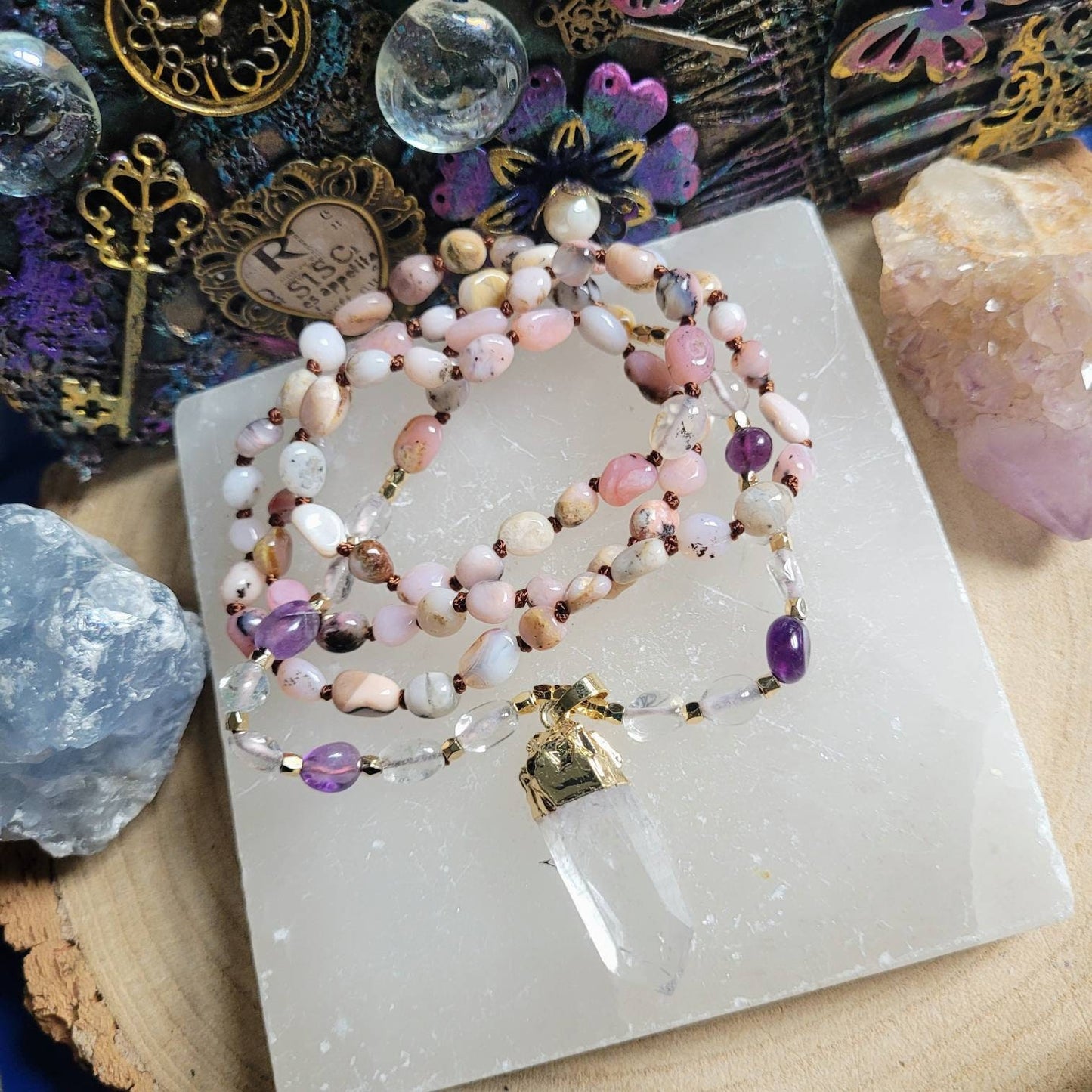 pink opal necklace with amethyst and clear quartz point pendant crystal healing necklace for women gift for her heart chakra jewelry