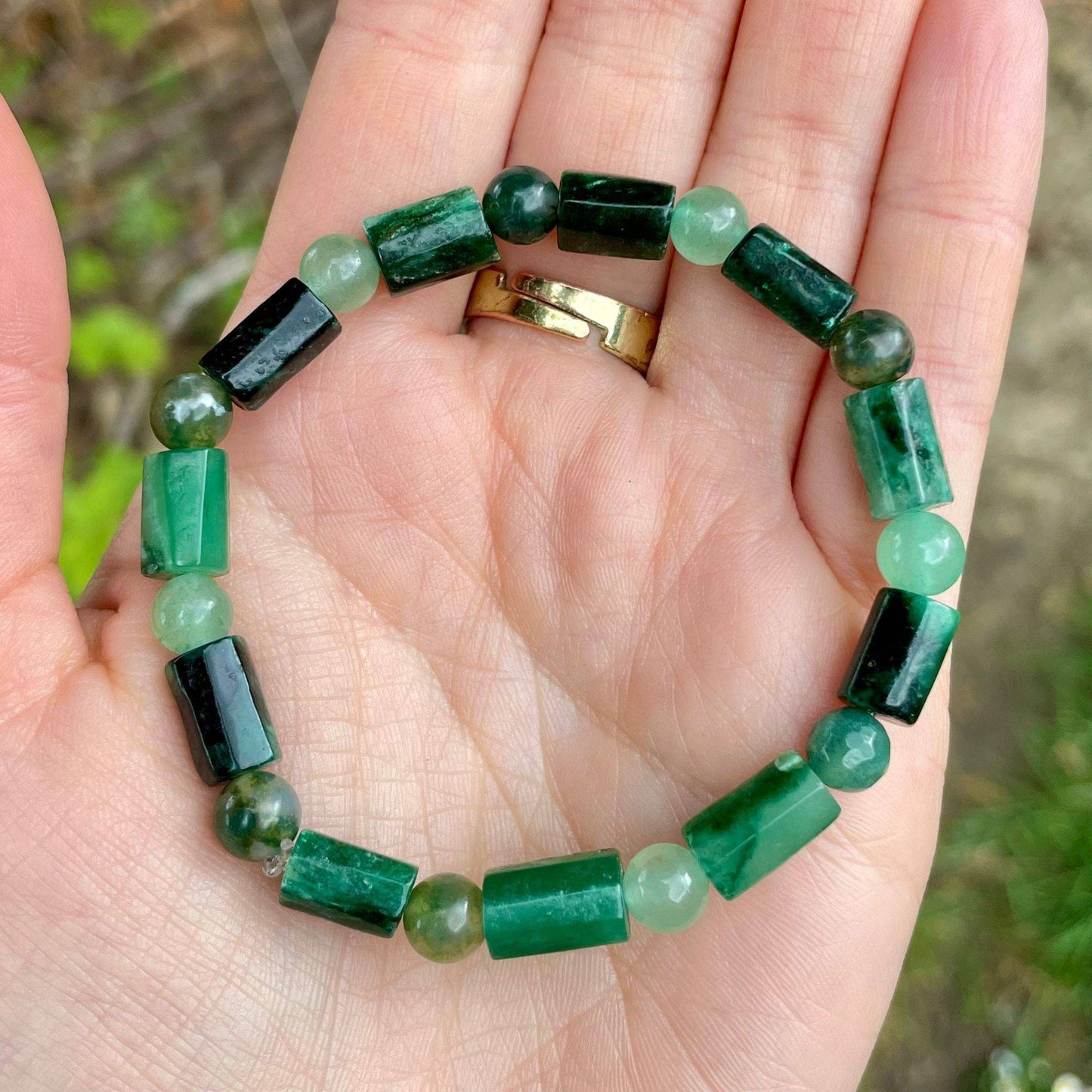 Emerald bracelet with green moss agate and green aventurine natural stone crystal healing