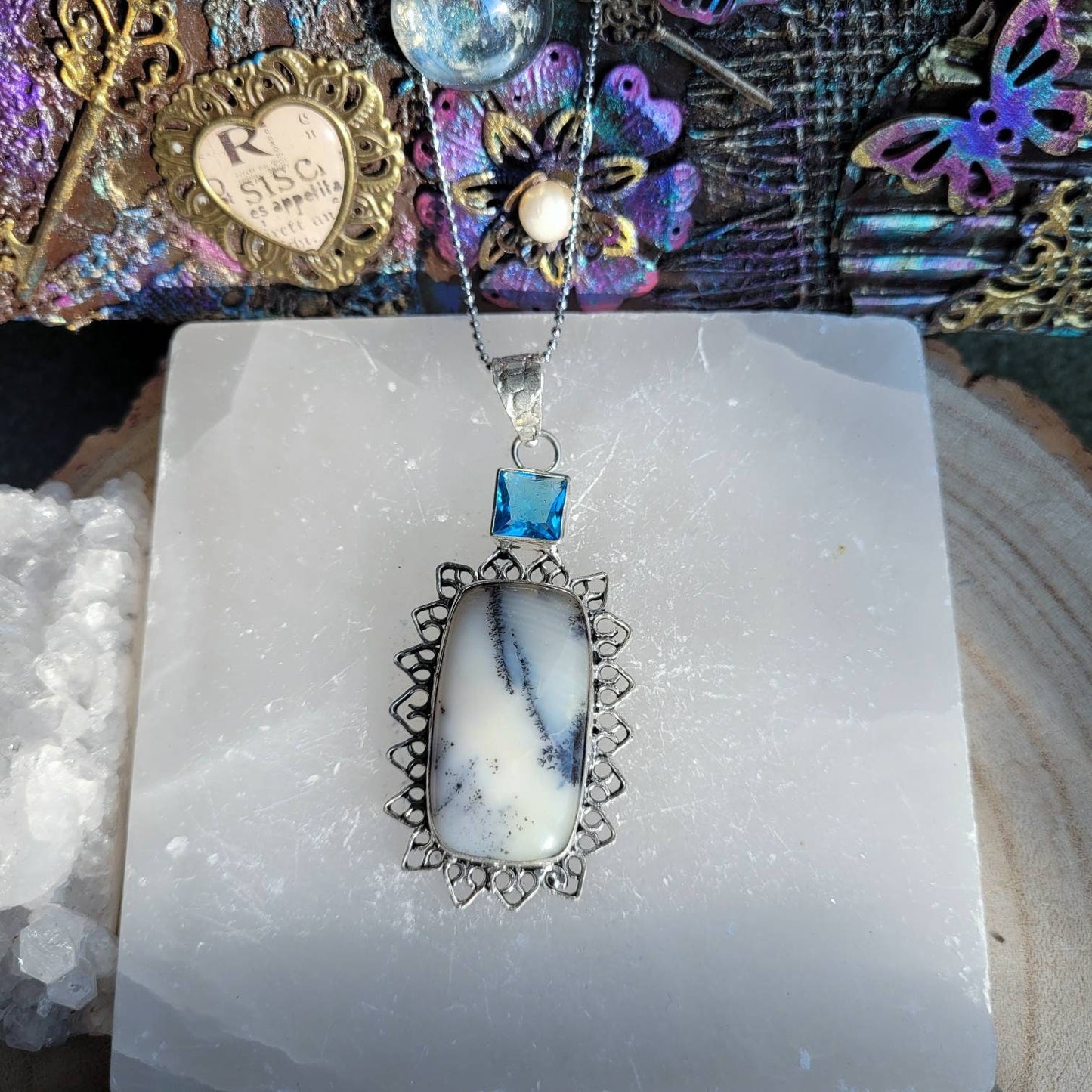 merlinite necklace with blue topaz in 925 silver pendant Crystal healing natural Stone