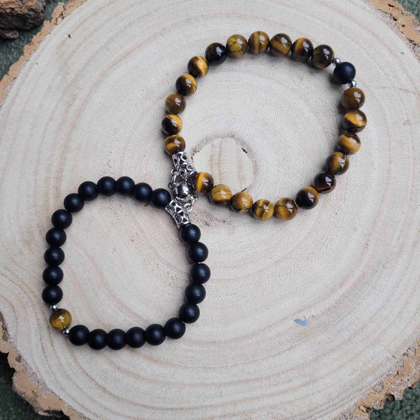 Tigers eye and black onyx bracelet couples friendship with magnet charm crystal healing natural stone gift for him or her protection