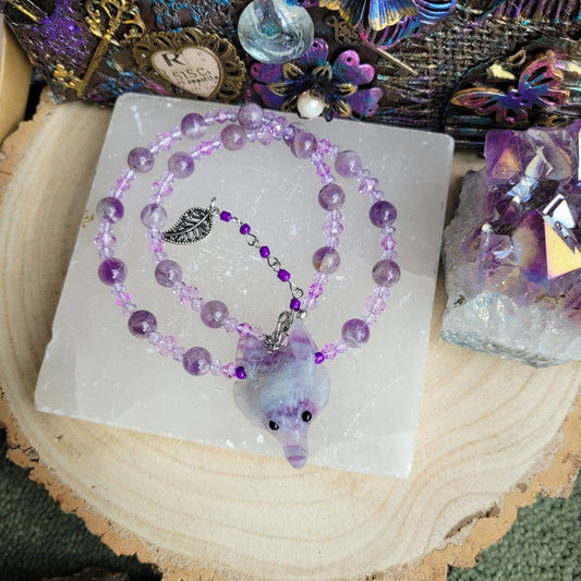 Fluorite choker wolf head necklace pendant with dream amethyst natural stone crystal healing