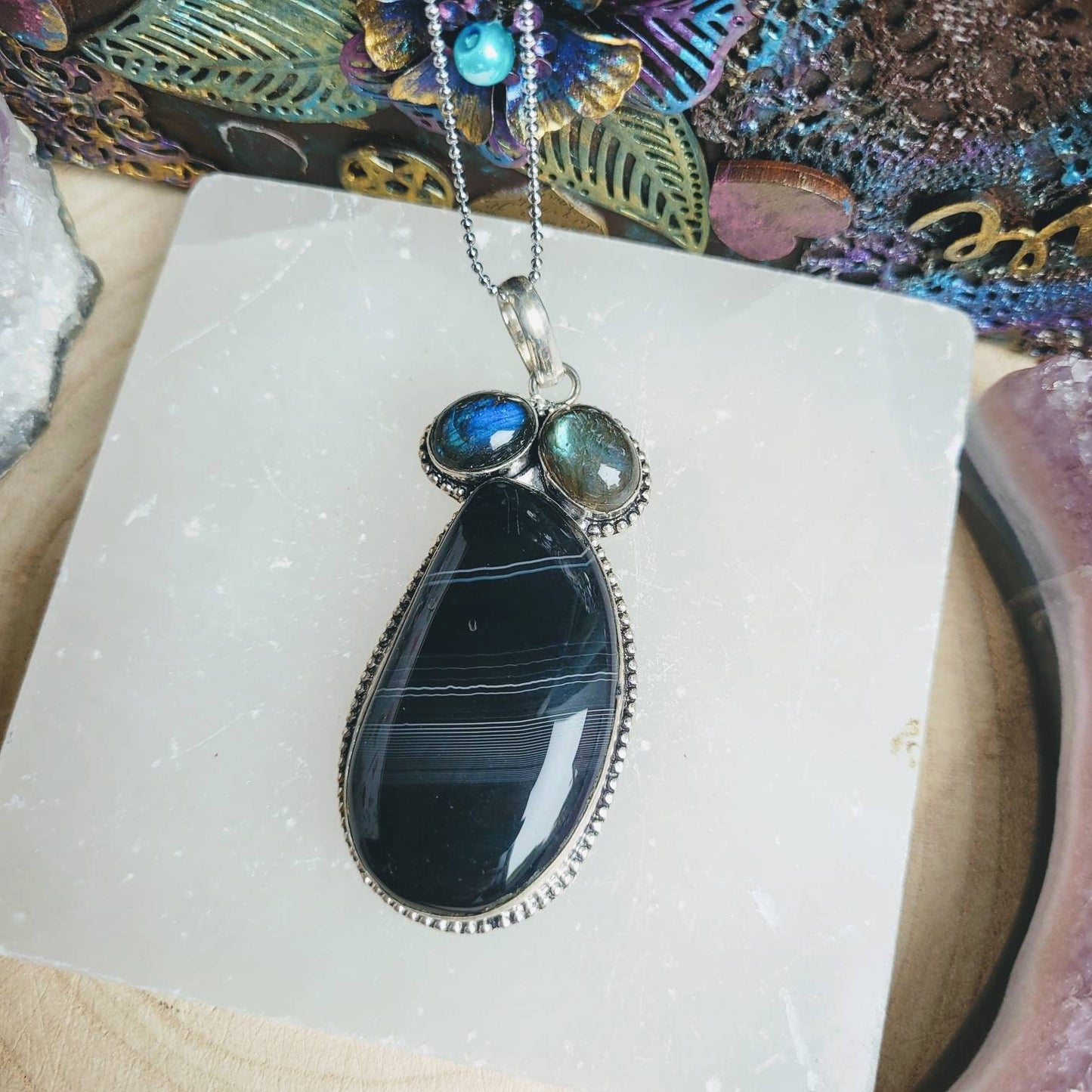 Botswana agate necklace with labradorite 925 silver pendant crystal healing natural stone