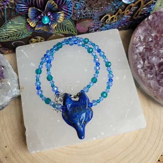 lapis lazuli necklace wolf choker crystal healing natural carved Stone gemstone jewellery animal shape third eye chakra