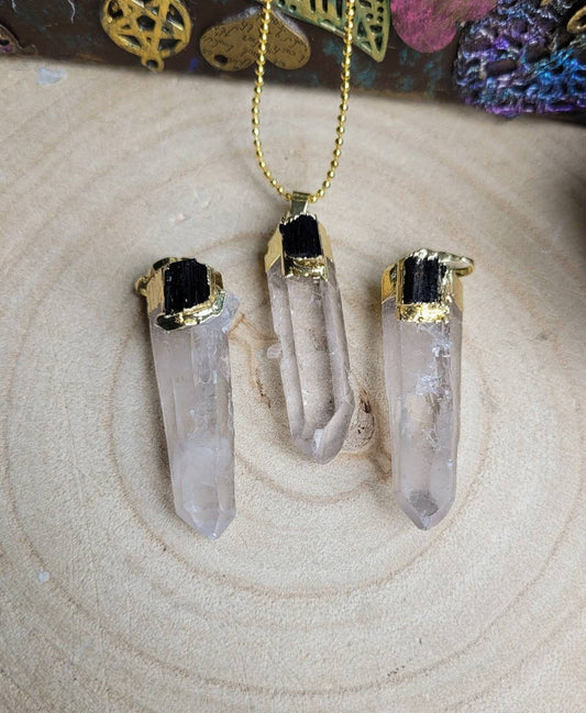 Clear Quartz pendant with raw black tourmaline necklace crystal healing natural stone