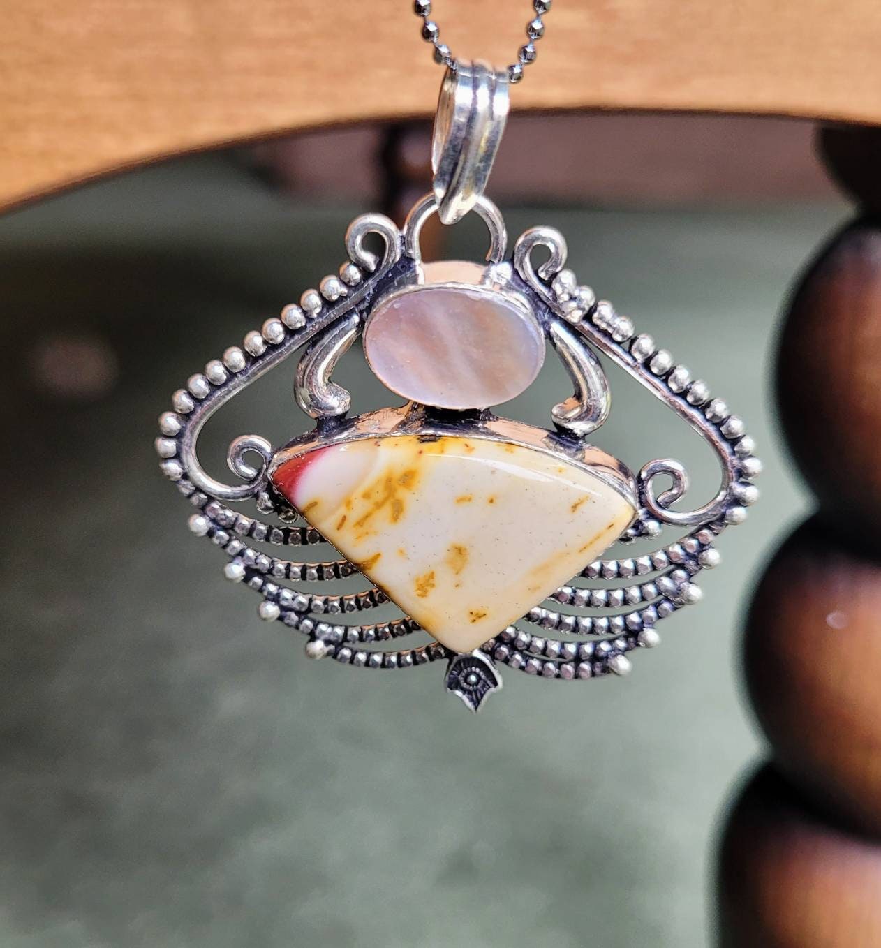 mookaite jasper pendant with pearl in 925 silver necklace Crystal healing natural Stone