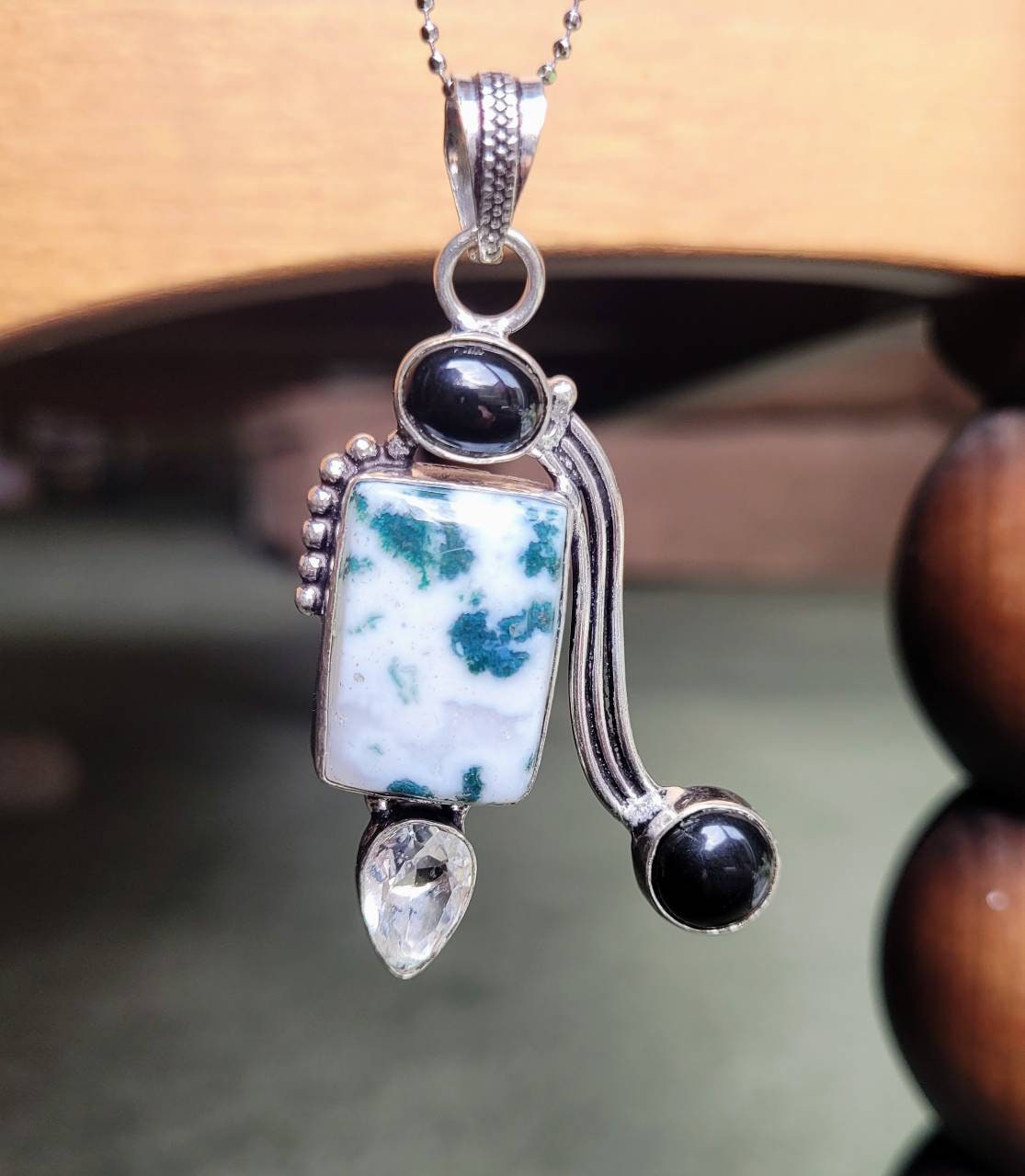 Tree agate necklace with black obsidian and topaz pendant 925 silver healing crystal natural Stone jewellery