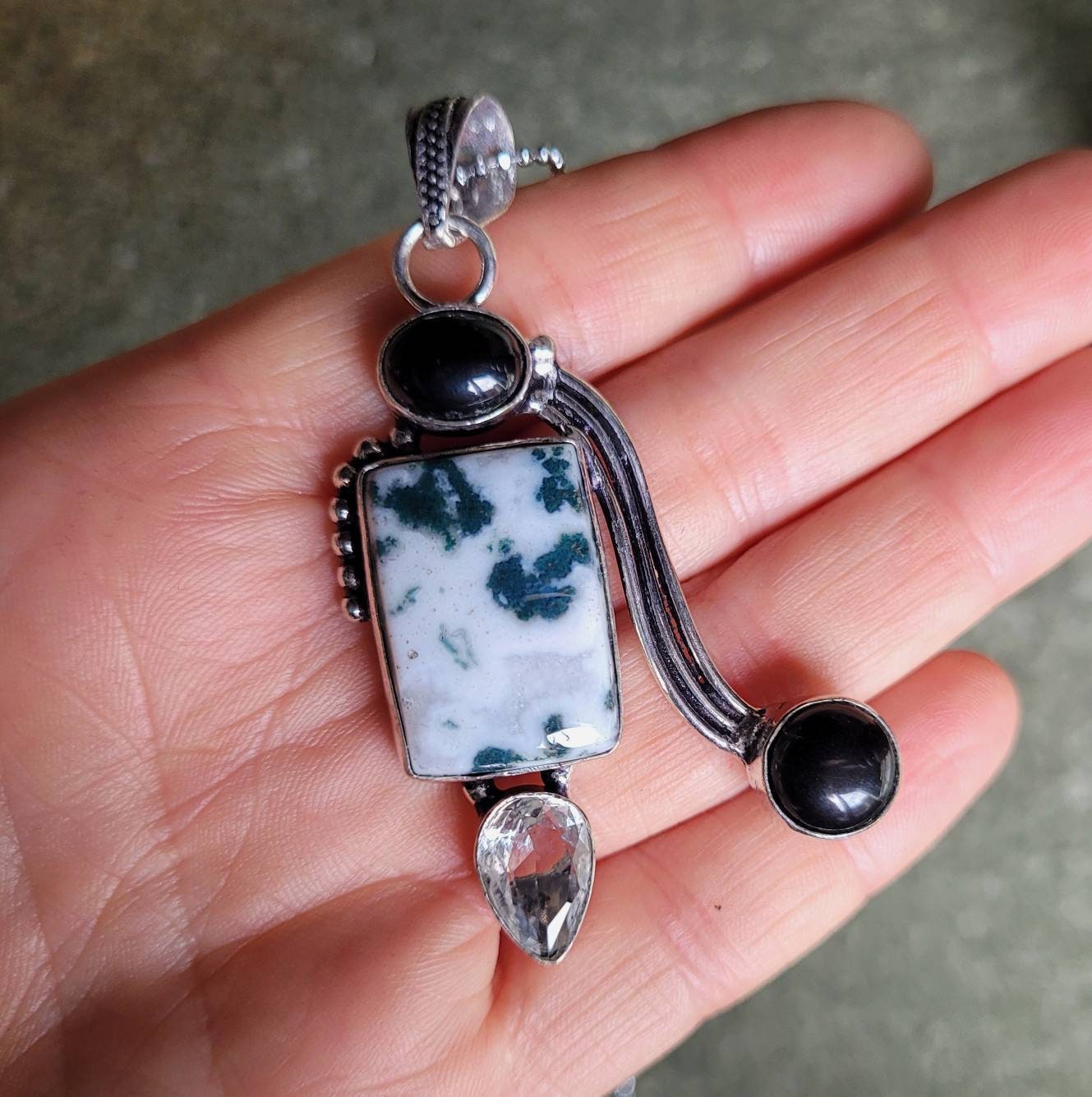 Tree agate necklace with black obsidian and topaz pendant 925 silver healing crystal natural Stone jewellery