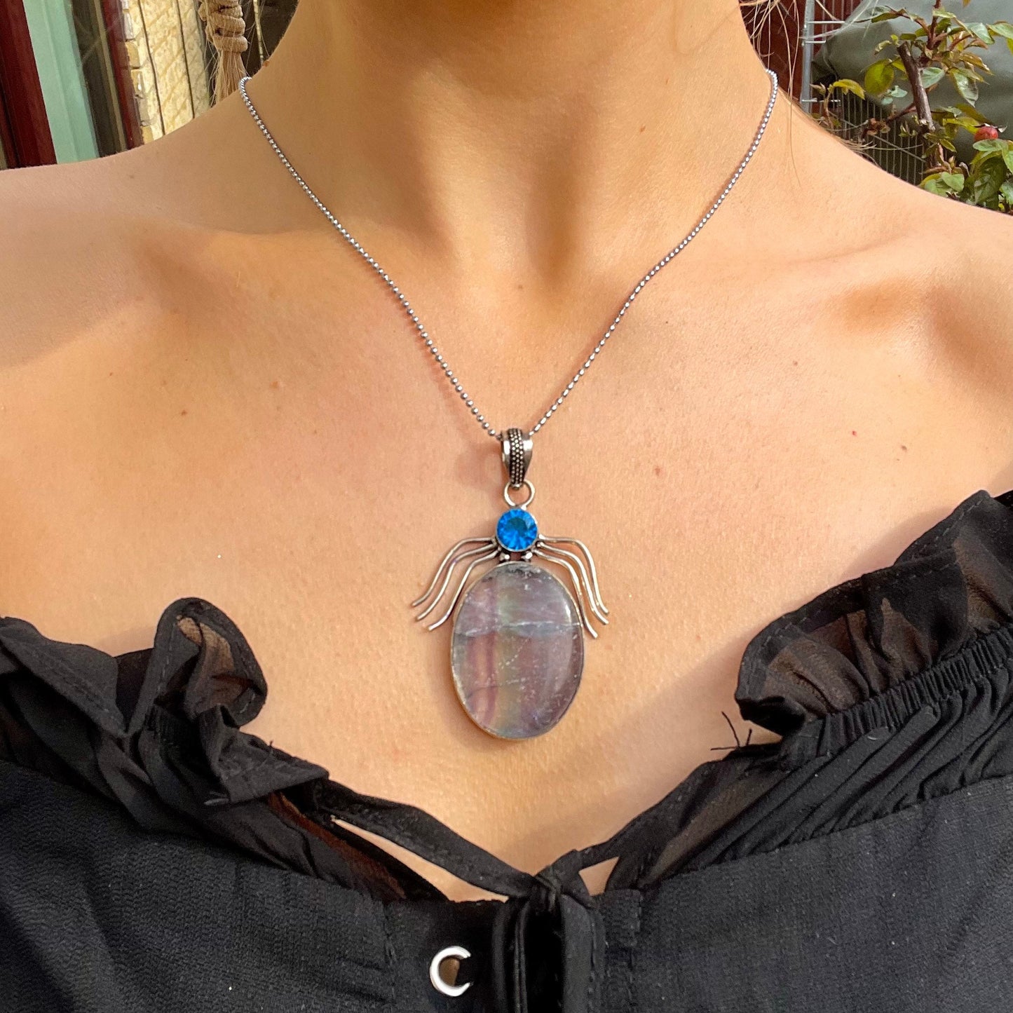 Fluorite necklace and blue topaz pendant necklace in 925 silver crystal healing natural stone witchy statement jewellery