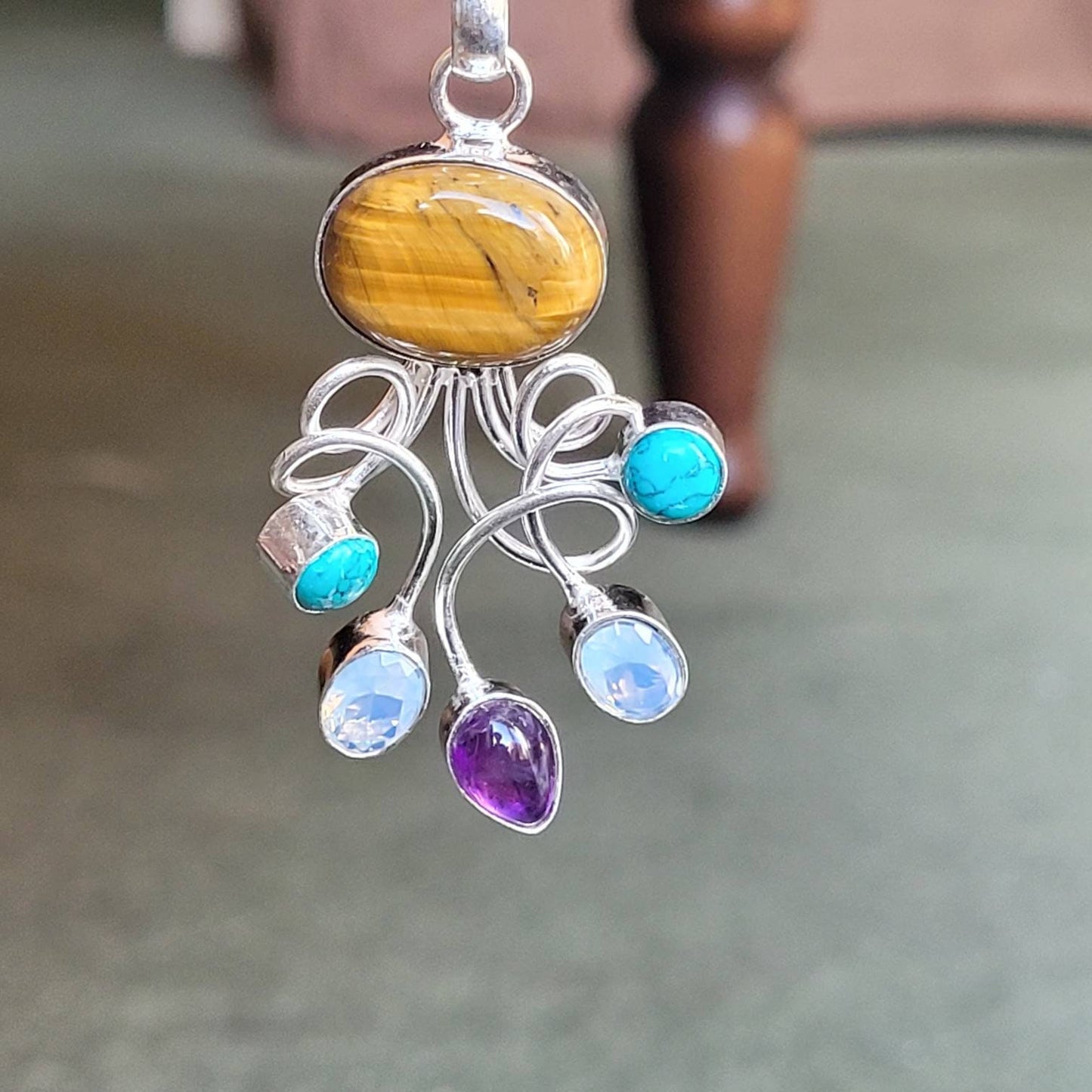 Tigers eye turquenite, opalite and amethyst pendant necklace 925 silver crystal healing natural stone witchy jewellery gift for her