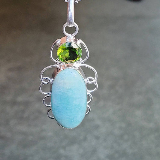 Amazonite pendant necklace with green topaz in 925 silver crystal healing natural stone polished