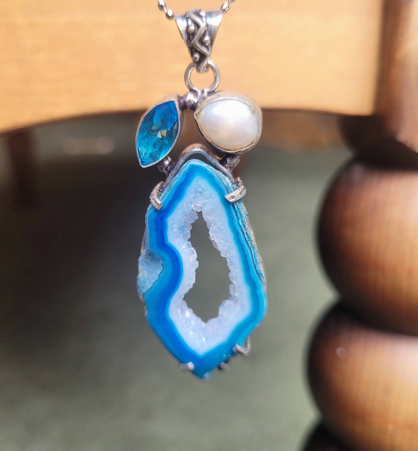 Druzy agate pearl and blue topaz necklace pendant 925 silver crystal healing throat chakra witchy jewellery gemstone jewelry gift for her