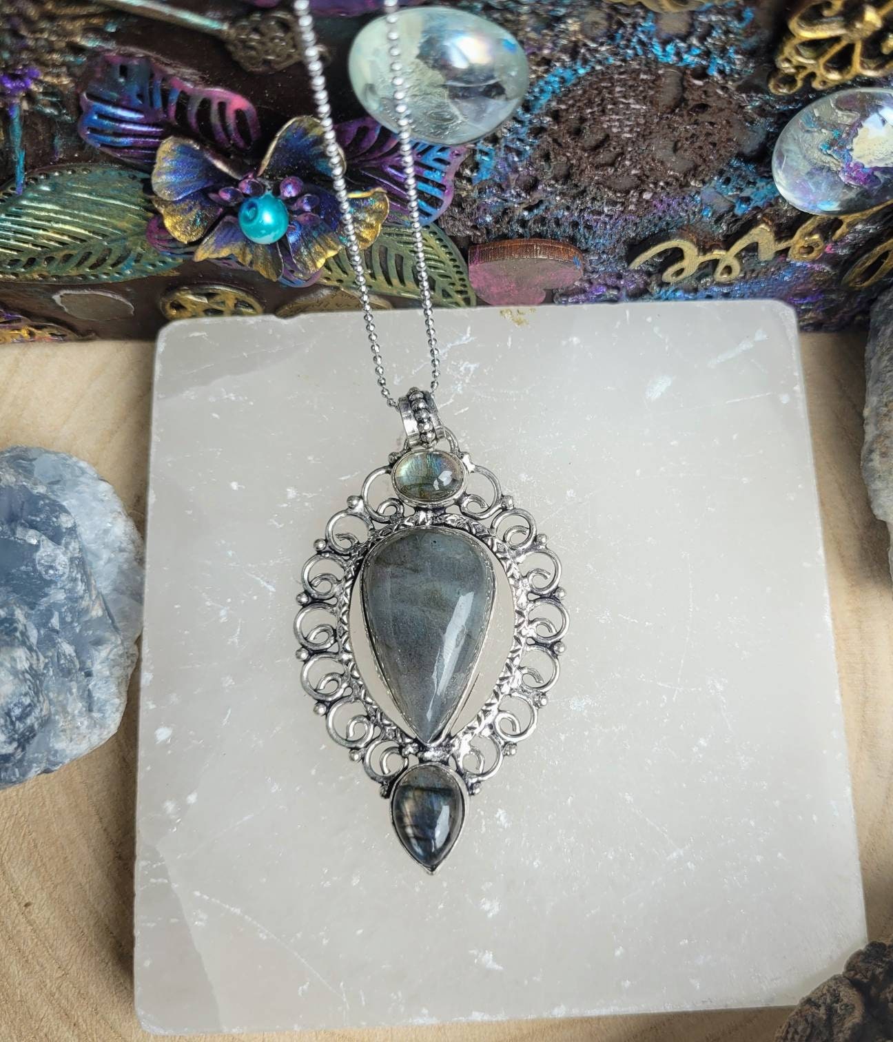 labradorite necklace in 925 silver pendant crystal jewelry natural stone witchy jewellery