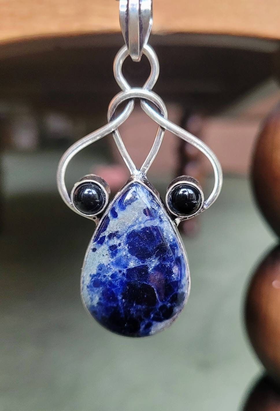 sodalite and black onyx pendant necklace in 925 silver, crystal healing natural stone statement jewellery