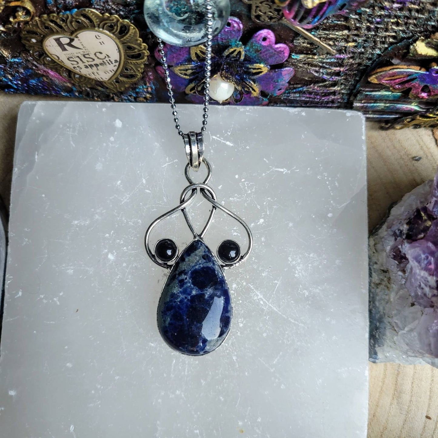 sodalite and black onyx pendant necklace in 925 silver, crystal healing natural stone statement jewellery