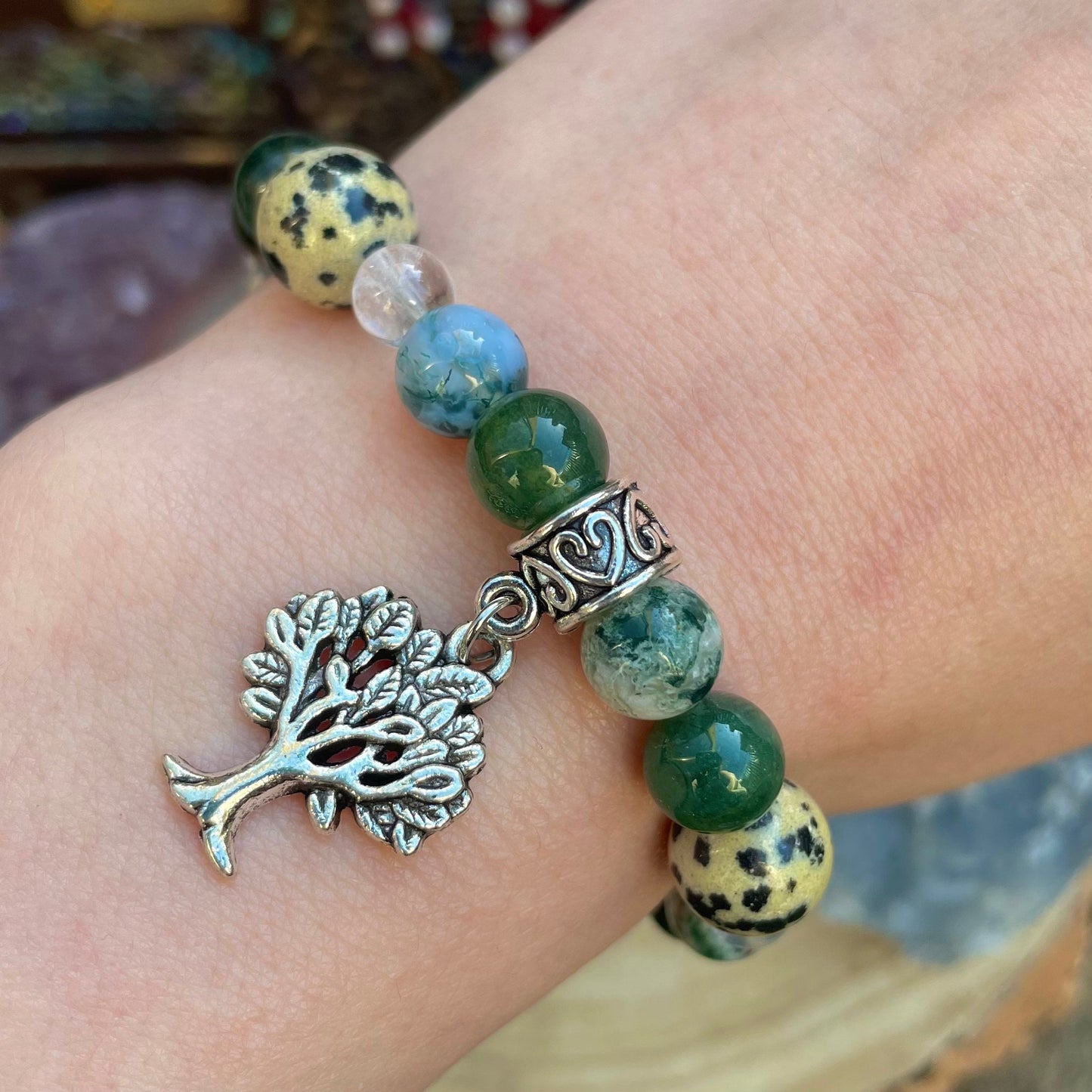 Connect with Nature and Animals Bracelet Crystal healing Moss Agate Tree agate and dalmation jasper witchy gift for her