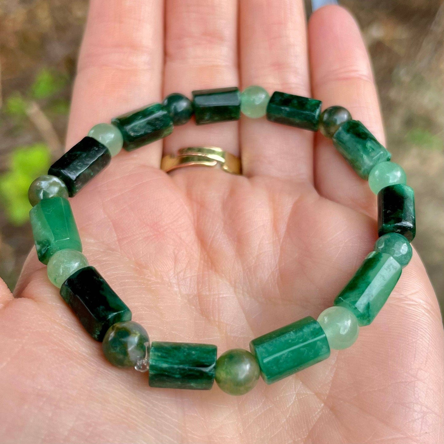 Emerald bracelet with green moss agate and green aventurine natural stone crystal healing