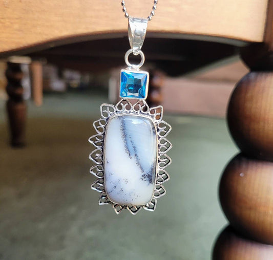 merlinite necklace with blue topaz in 925 silver pendant Crystal healing natural Stone