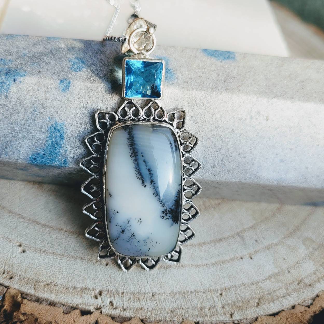 merlinite necklace with blue topaz in 925 silver pendant Crystal healing natural Stone