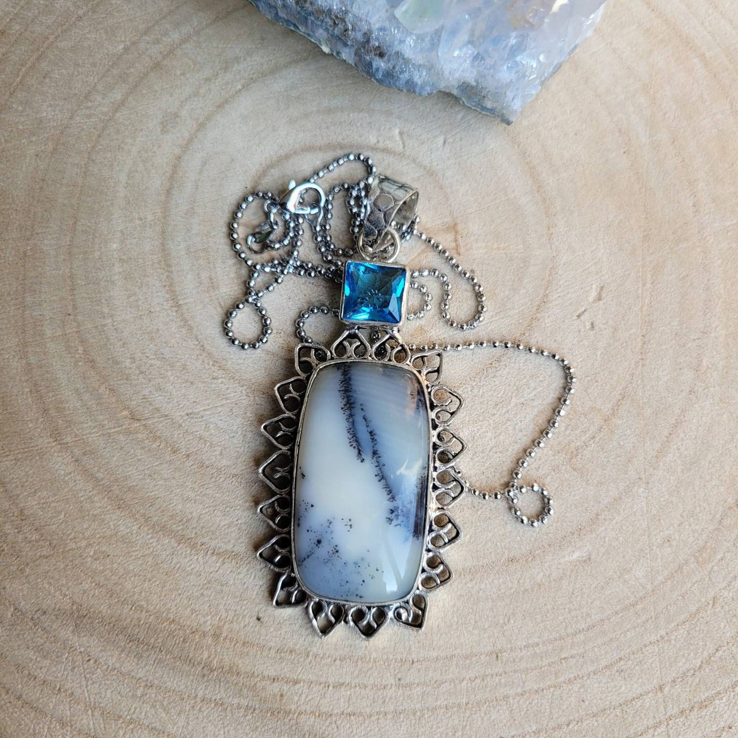 merlinite necklace with blue topaz in 925 silver pendant Crystal healing natural Stone