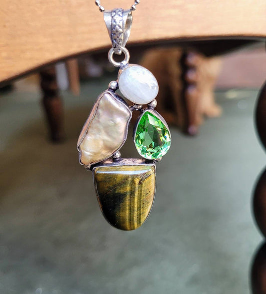 Tigers eye necklace with peridot moonstone and pearl 925 silver pendant crystal healing natural Stone