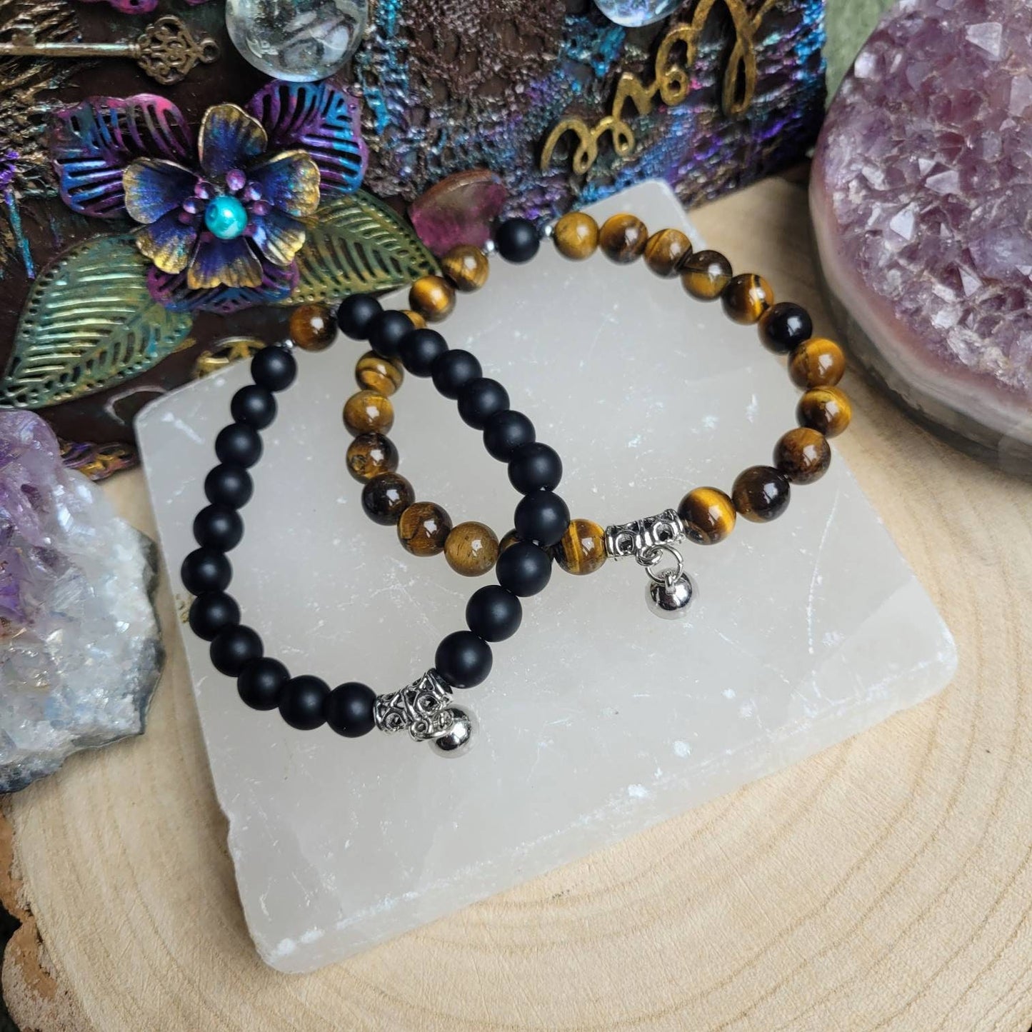 Tigers eye and black onyx bracelet couples friendship with magnet charm crystal healing natural stone gift for him or her protection