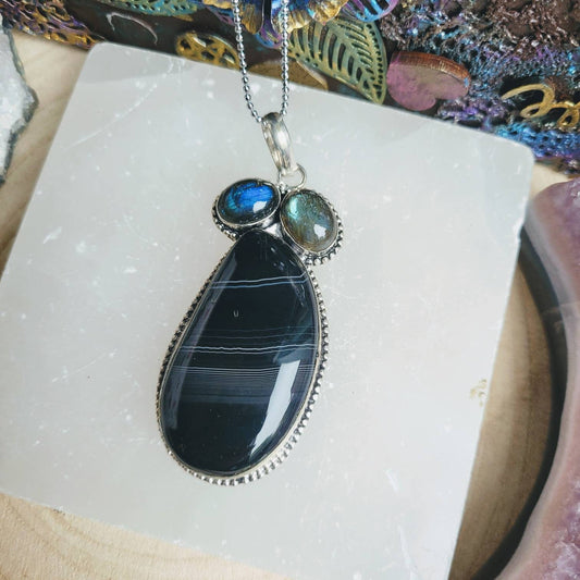 Botswana agate necklace with labradorite 925 silver pendant crystal healing natural stone