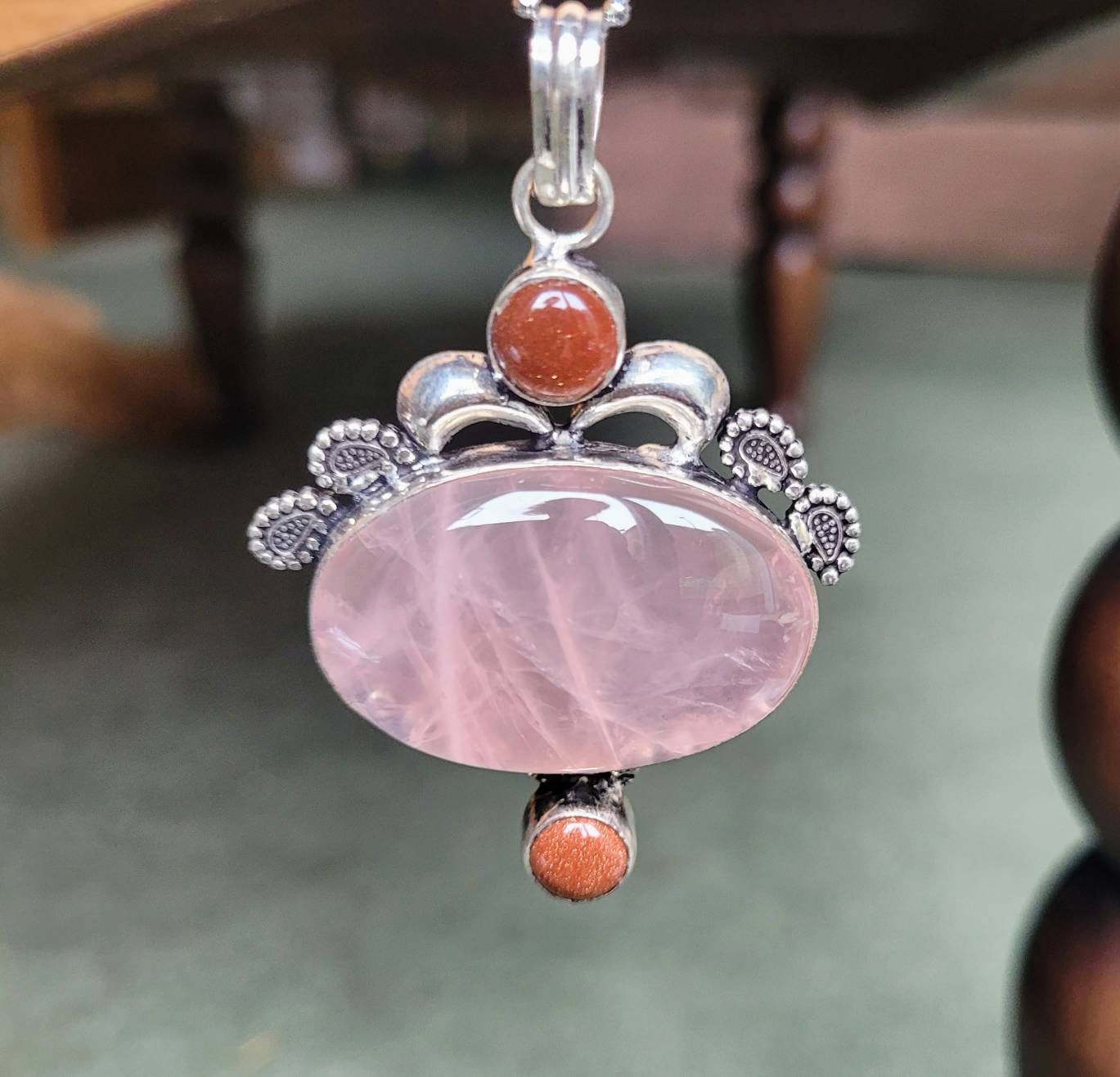 rose quartz and goldstone pendant necklace in 925 silver crystal healing jewelry natural Stone