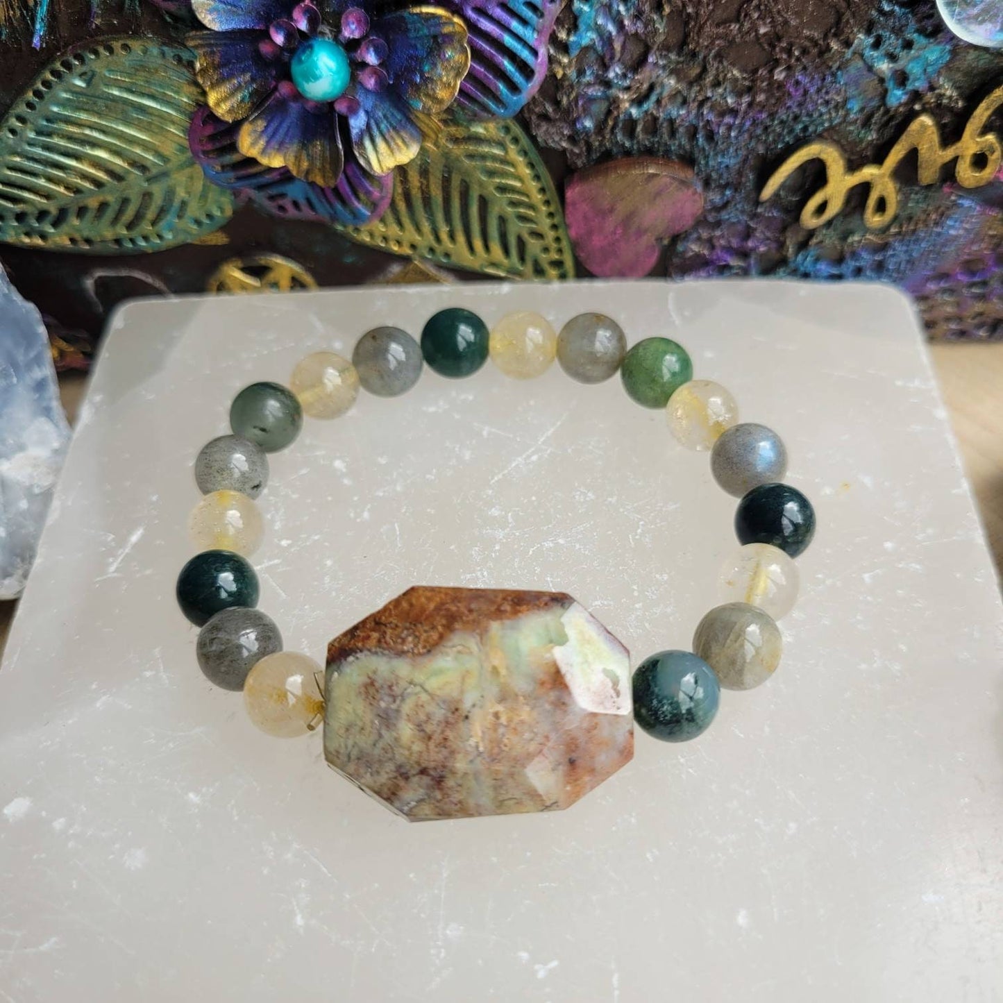 Chrysoprase bracelet with citrine, smoky quartz green moss agate and green opal gift for him or her witchy jewellery for women