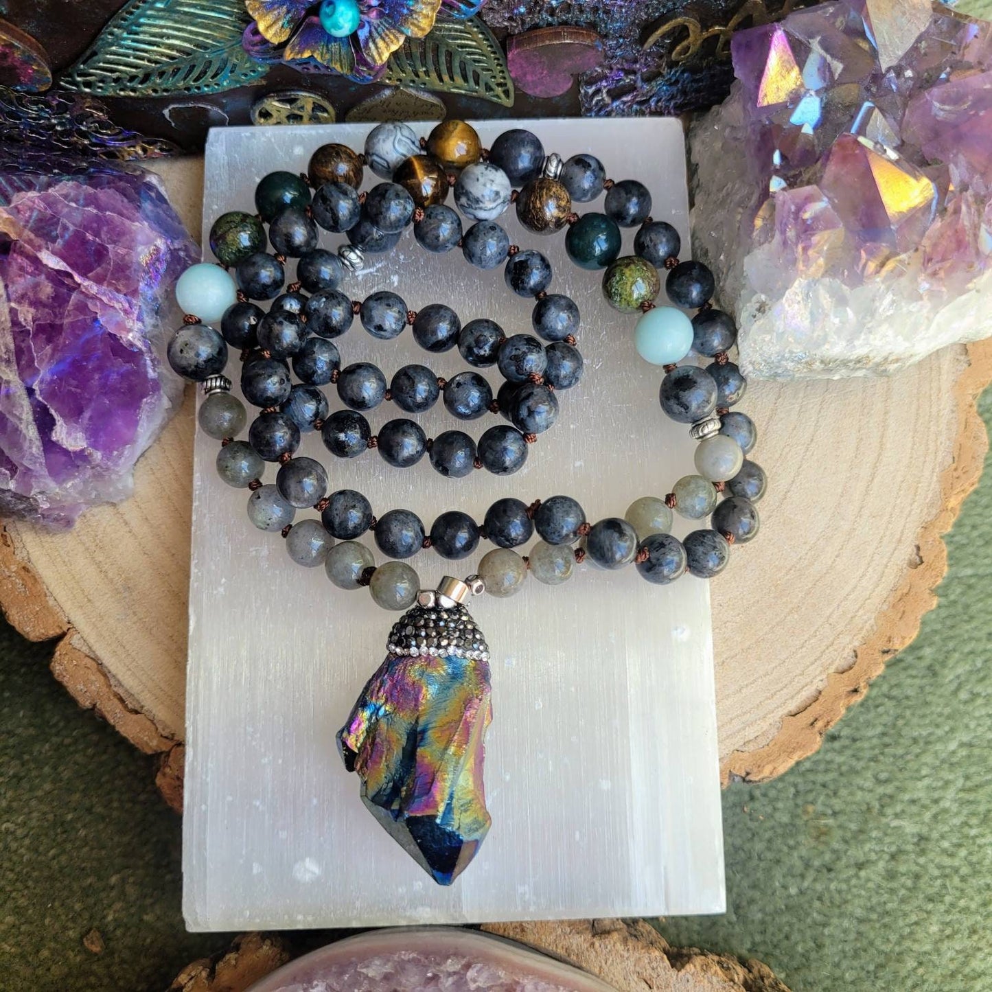 labradorite and larvikite beaded necklace with titanium quartz pendant