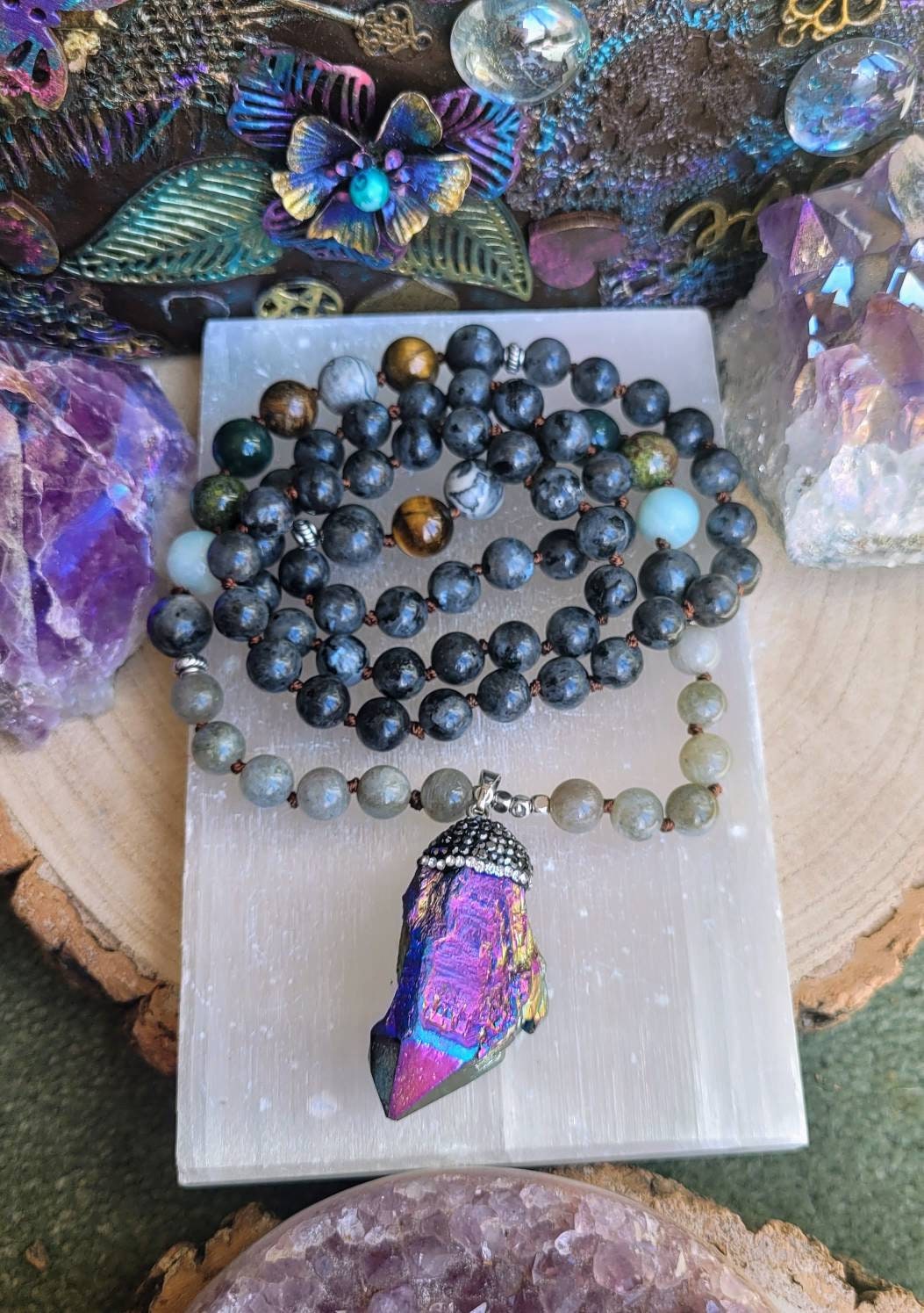 labradorite and larvikite beaded necklace with titanium quartz pendant