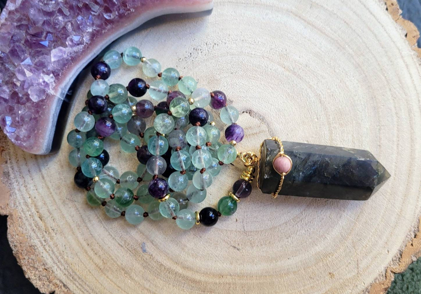 Rainbow fluorite beaded necklace with labradorite point